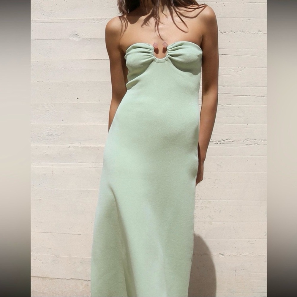 ZARA Pastel Green Strapless Midi Dress w/ Buckle Detail | Size S
